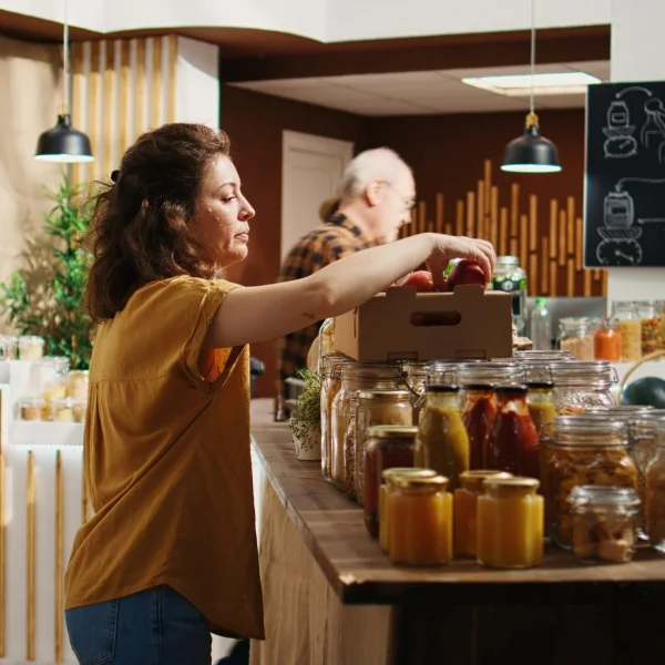 Une femme se tient devant un comptoir rempli de bocaux de nourriture.